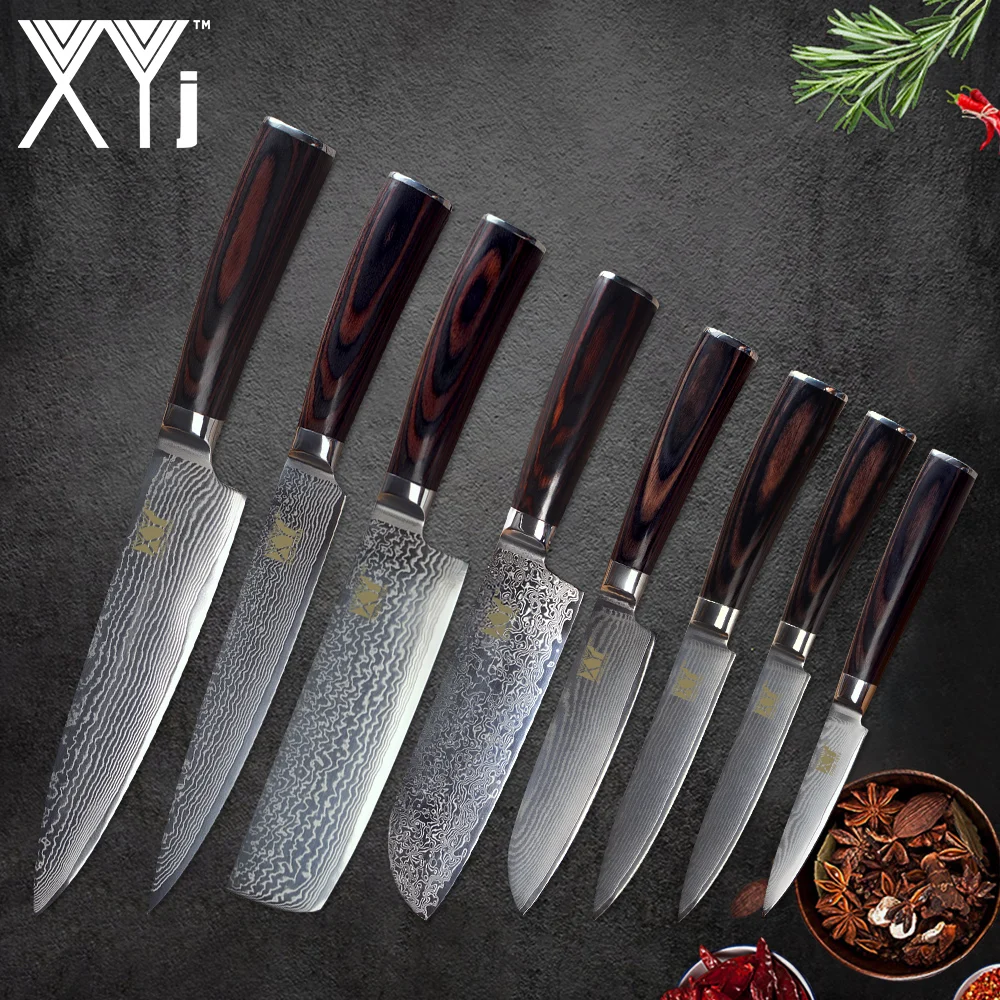 

XYj 8 Piece Damascus Steel Kitchen Knife Set Sharp Durable Blade Beauty Pattern Color Wood Handle Knives Cooking Accessories