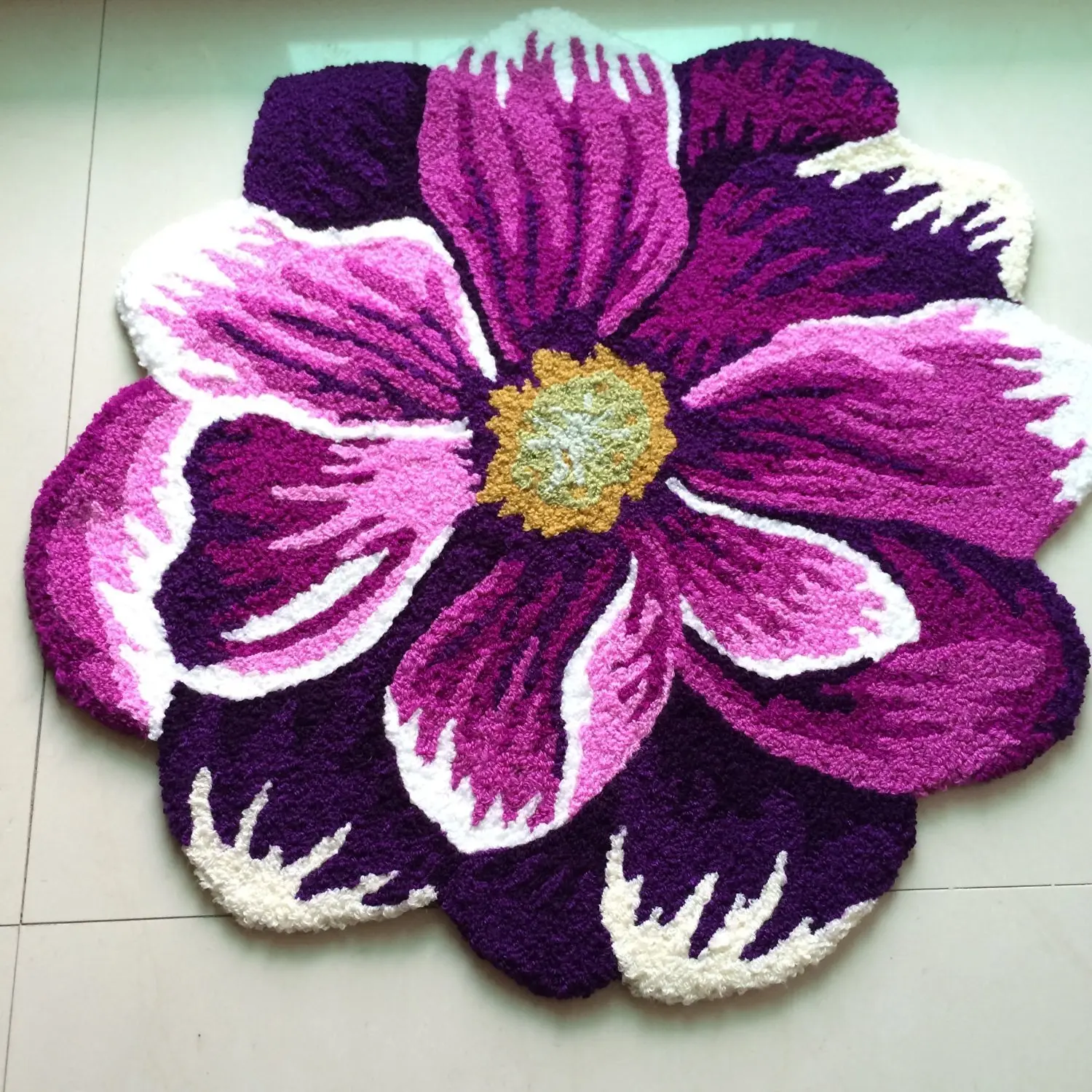WINLIFE 66cm*66cm Handmade Rug Purple and White Flower Design Bedroom