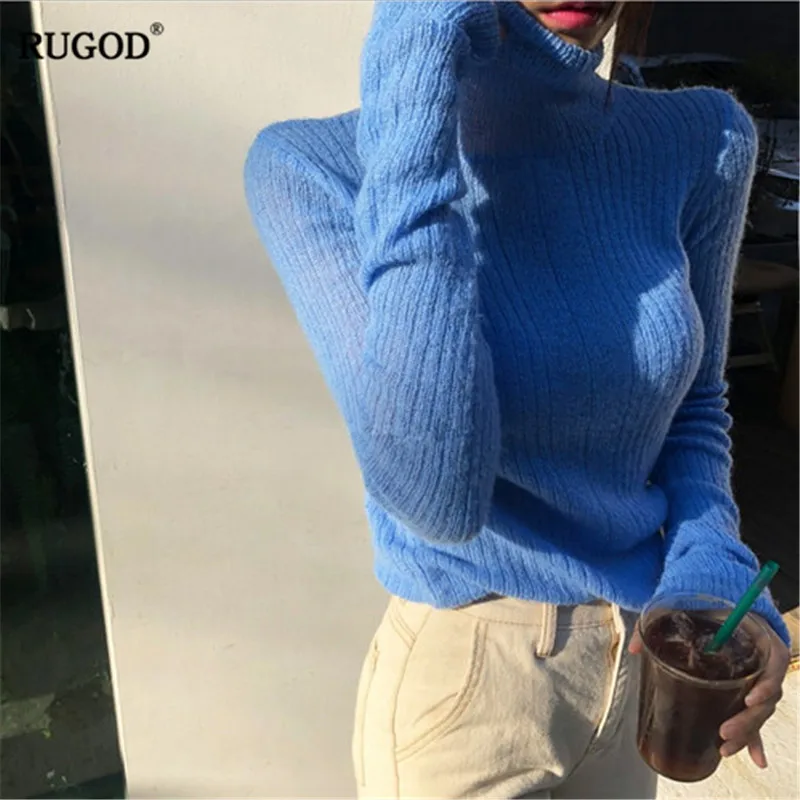 RUGOD Slim Solid женские пуловеры модная Водолазка вязаные элегантные свитера весенняя
