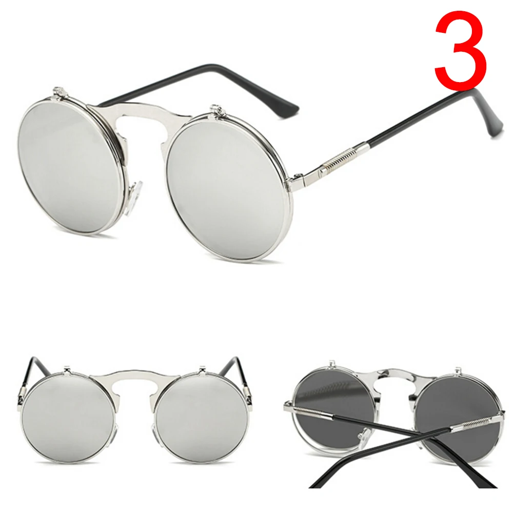 Ретро стиль, стимпанк, круглые, флип-ап, солнцезащитные очки, для женщин и мужчин, на застежке, солнцезащитные очки, металлические, панк, солнцезащитные очки для мужчин