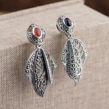 

FNJ 925 Silver Statement Drop Earrings for Women Jewelry Leaf Red Black Stone 100% S925 Sterling Silver boucle d'oreille Earring