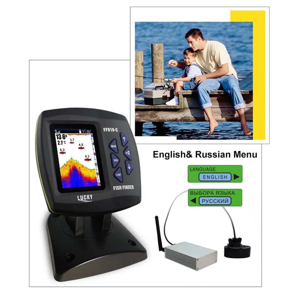 أعلى محظوظ FF918-CWLS المحمولة مركب مقاومة للمياه صياد السمك 3.5 بوصة LCD شاشة عرض 125 Khz سونار الاستشعار 300 M التحكم عن بعد