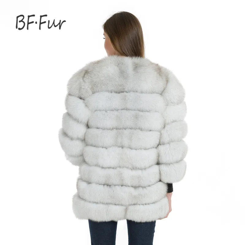 BFFUR new 70CM Length Warm Real Fox Fur Coat Natural Blue Fox Fur