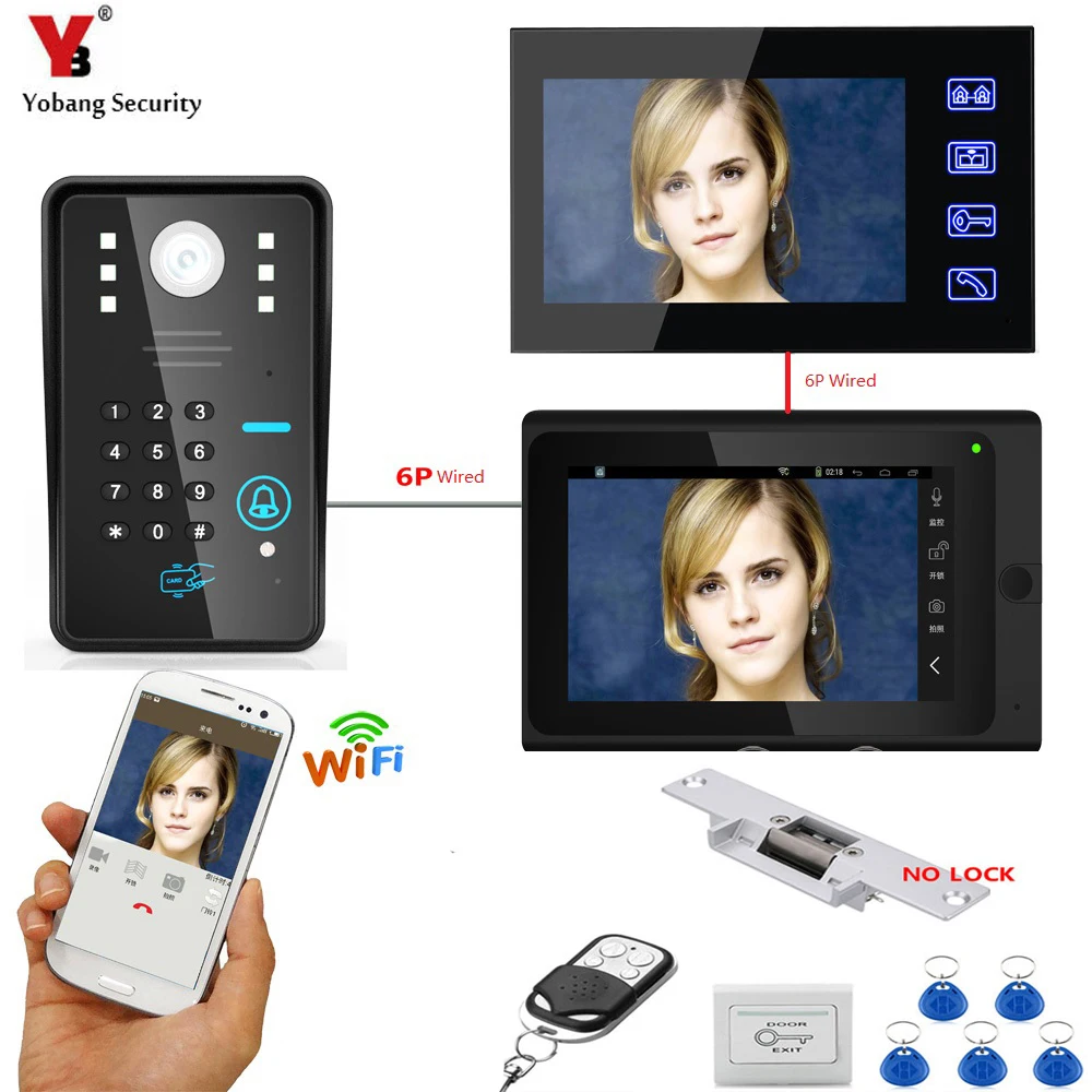 YobangSecurity видеодомофон 2X7 дюймов монитор Wifi беспроводной видео дверной звонок комплект RFID пароль + дверной замок + блок питания