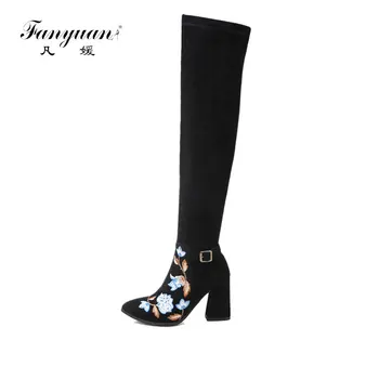 

Fanyuan Suede Sexy thigh high boots with flower embroider Women over the knee boots Ladies Winter High heels booties size 43