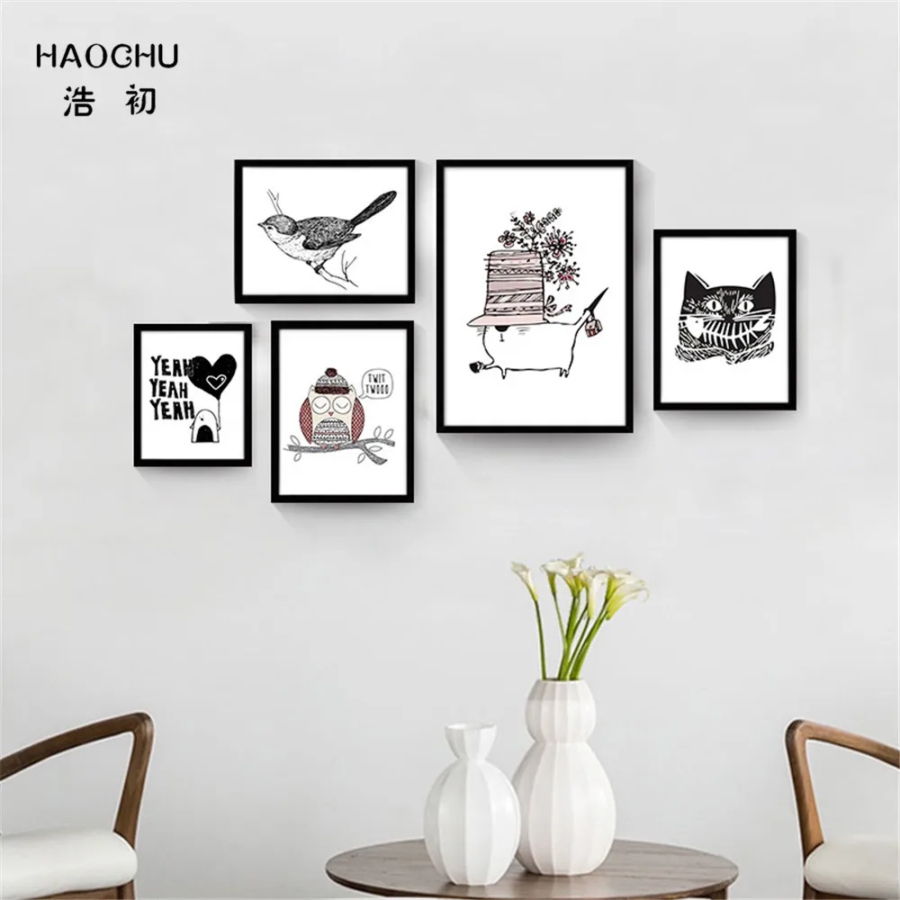 Скандинавская Современная черно белая птица HAOCHU кот сова Мультяшные картины на