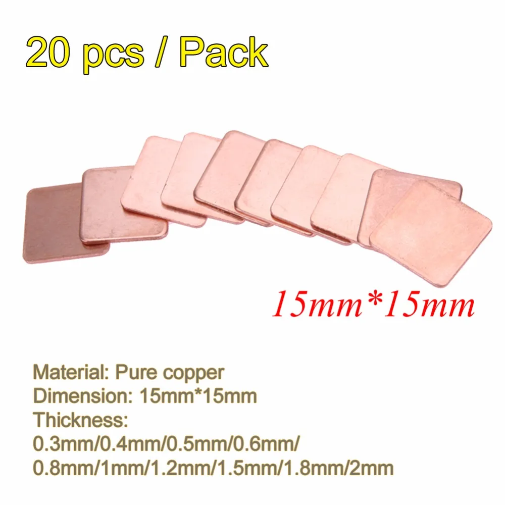 

20pcs/lot 15x15mm 0.3mm to 2mm DIY Copper Shim Thermal Pad Heatsink Heat Sink Sheet For Laptop GPU CPU VGA Chip RAM cooling