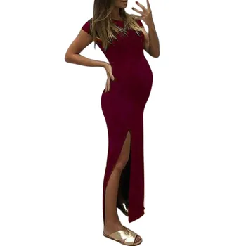 

Women Maternity Dresses Fashion Solid Short Sleeve Bodycon Open Fork Pregnancy Dress Maternity Gown 2019 Vestido Gestante