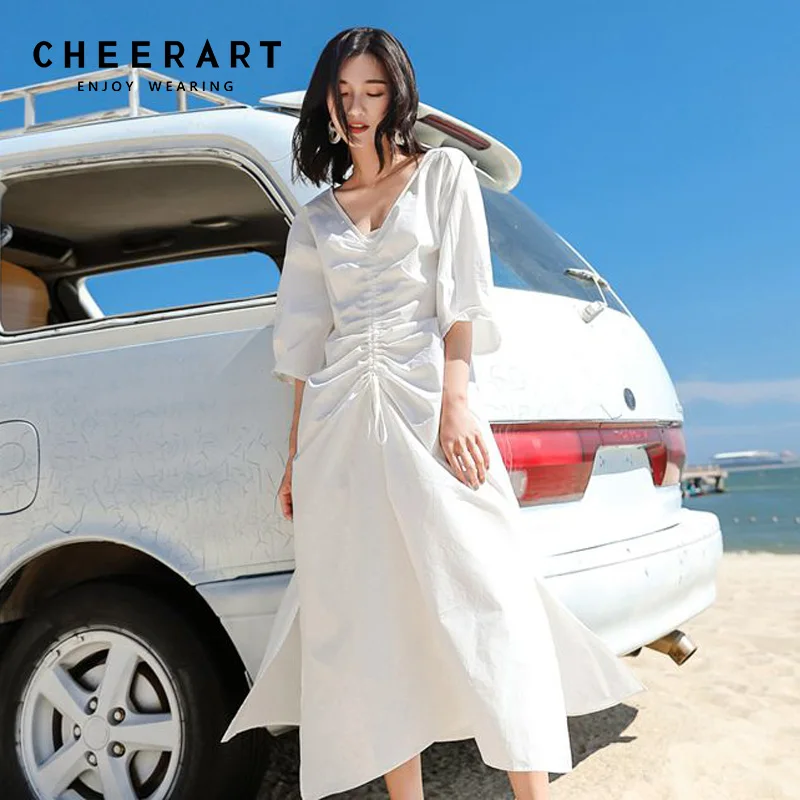 Длинное Летнее белое платье миди Cheerart с глубоким V образным вырезом женское
