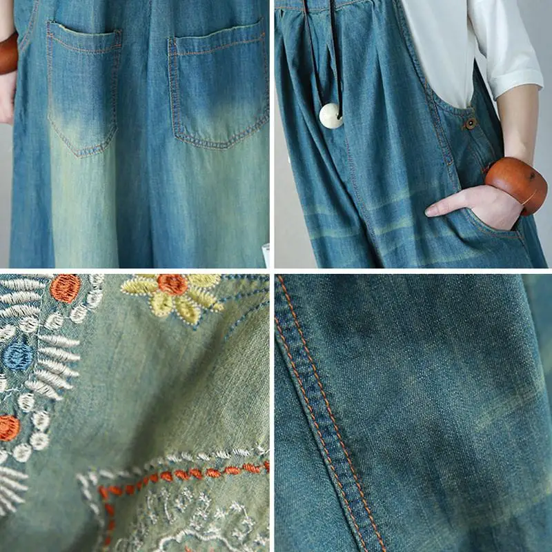 Embroidered Jumpsuit Women Casual Loose Fit Female Rompers Light Blue Summer Commuter Denim Jumpsuits Ankle Length (5)