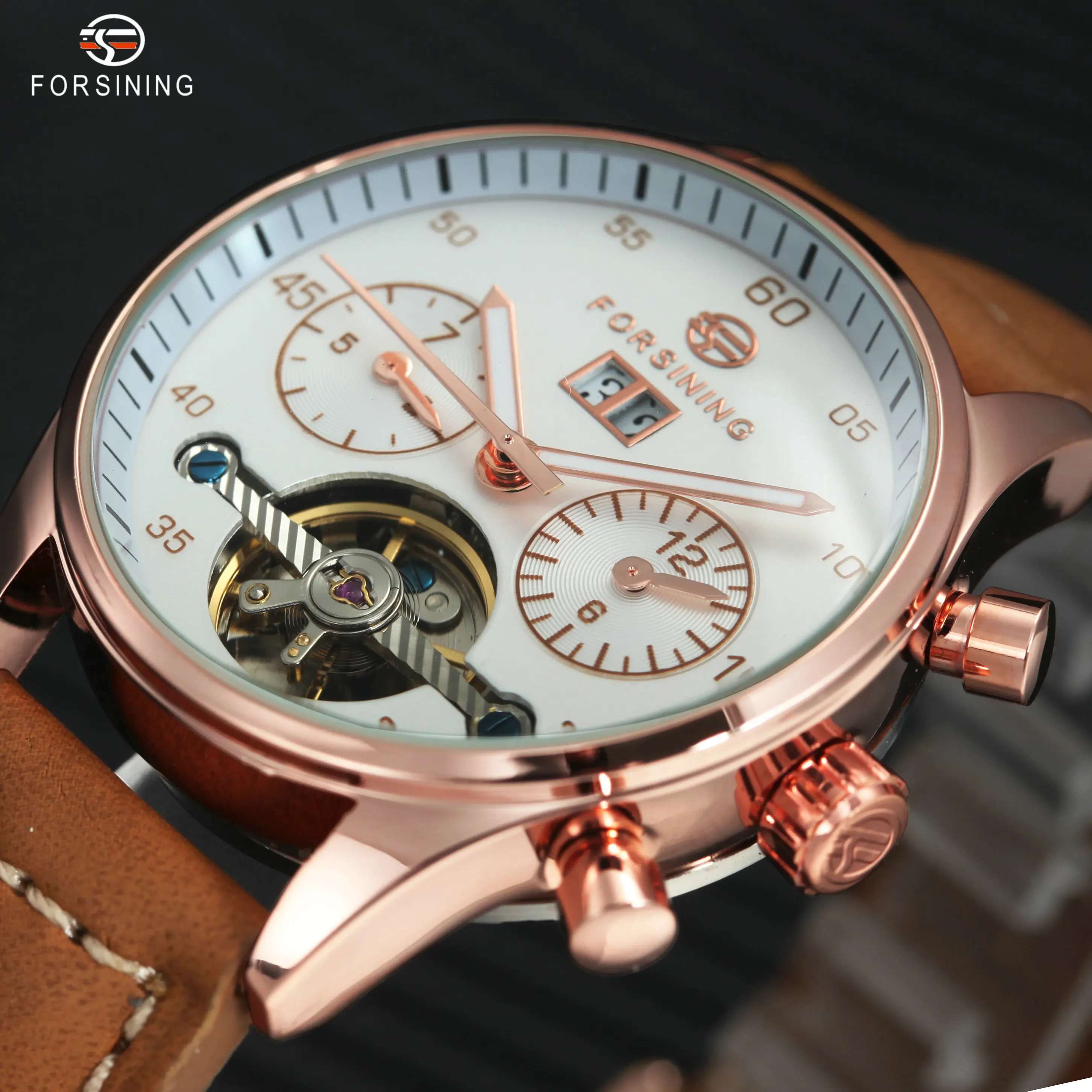 

Top Brand Luxury Men Automatic Watch Tourbillon Design 2 Sub-dials Display Genuine Leather Strap FORSINING Mechanical Wristwatch