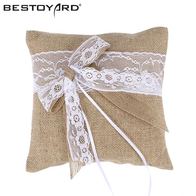 20 X 20cm Burlap Hessian Rustic Wedding Ring Pillow Cushion 20 X 20cm Burlap Hessian Rustic Wedding Ring Pillow Cushion Bearer Lace Flower For