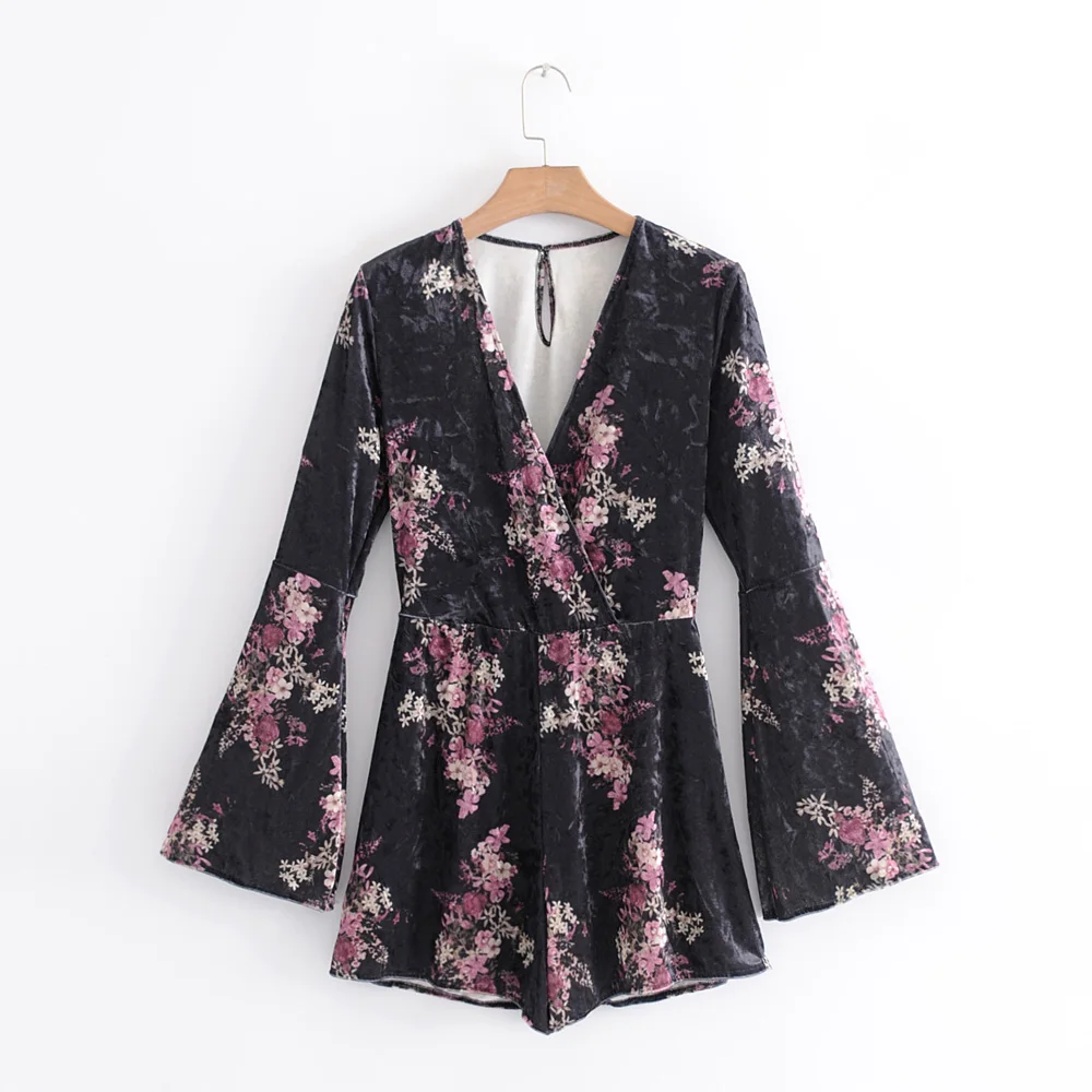 

Women's Vintage Floral Print Kimono Playsuits Women 2018 New Fashion Bandage Velvet V-Neck Ladies Jumpsuits Casual Blusas Mujer