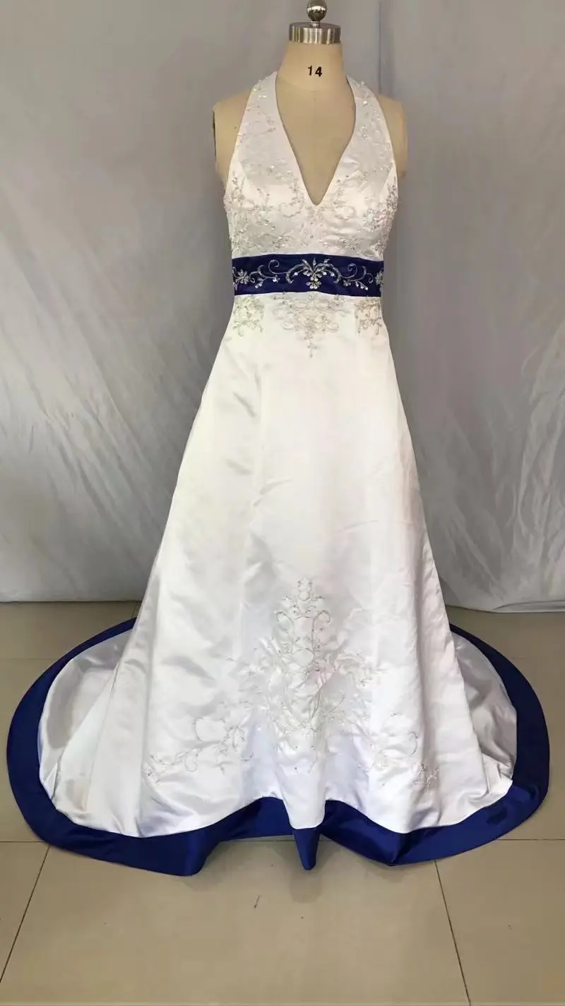 Halter A Line gown wedding Floor length chapel train dress