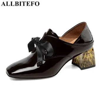 

ALLBITEFO genuine leather square toe women high heel shoes shining sexy shoes leopard print fashion ladies women shoes