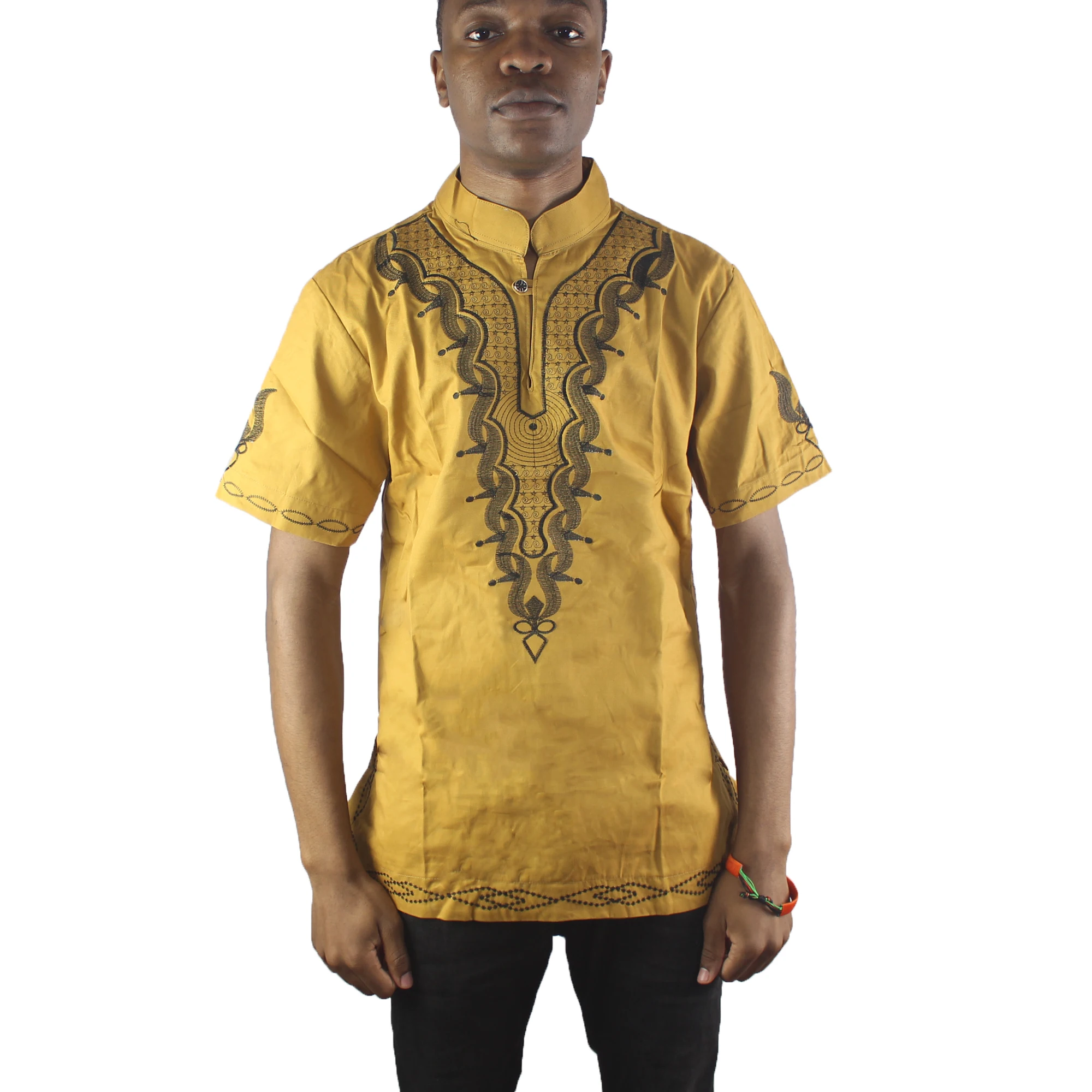 

Africa Gold Many Embroidery Men`s Ethnic Tops Side Slit Dashiki Shirts for Summer
