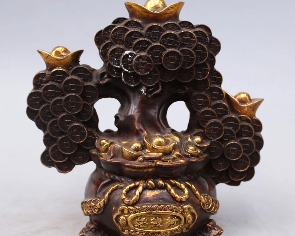 

9" Chinese Bronze Gild Feng Shui Wealth Money Coin treasure bowl Money Tree