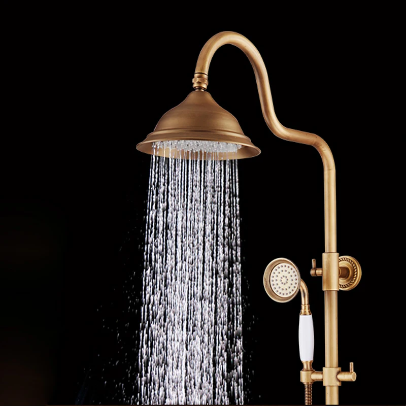 Rainfall Antique Brass Shower Faucet Set Tub Spout Hand Shower Mixer Tap Faucets Luxury Valve Mixer Shower Set Top Sprayer