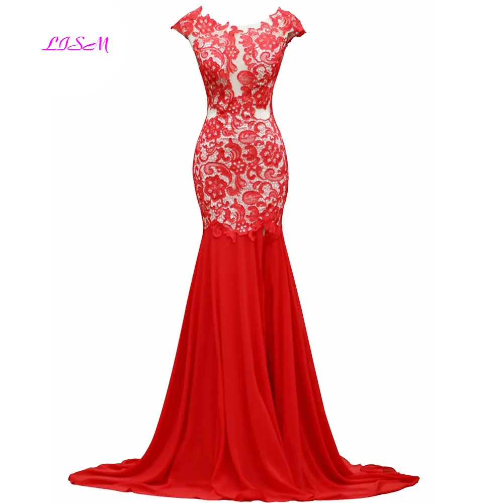 

Real Photos Mermaid Evening Dresses 2019 vestido de festa Cap Sleeves Appliques Party Dress Sexy Backless Long Formal Gowns