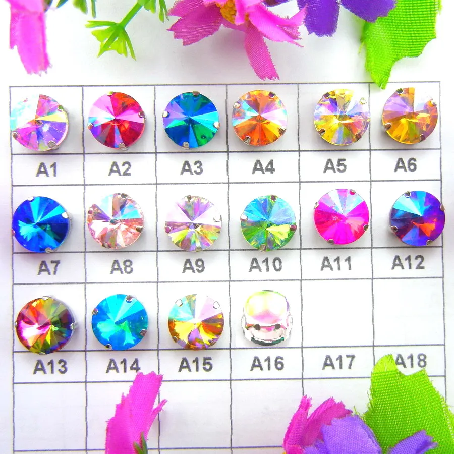 

AB colors Silver claw settings 7 sizes Rivoli round shape Sew on glass Crystal rhinestone beads garment accessories trim