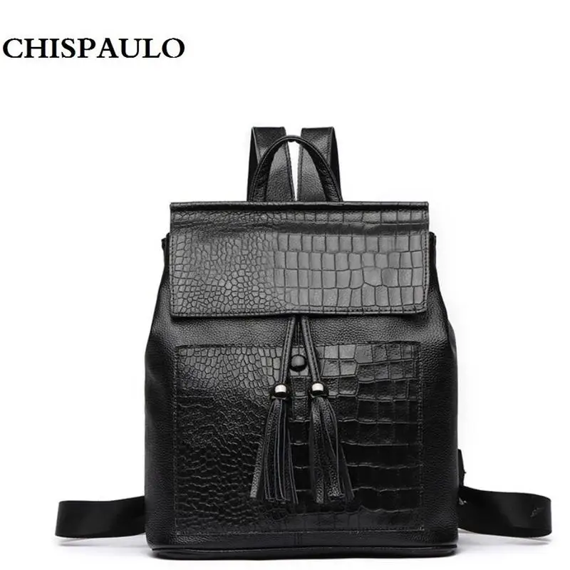 Genuine Leather Women Backpack Luxury Designer Brand Tassel Schoolbag