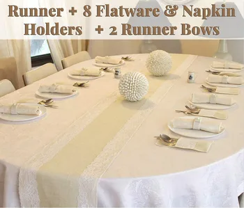 

Full Set Rustic Table Runner with 8 Flatware Holders, 8 Napkin Holders and 2 Table Bows - Hessian Burlap Jute and Lace - Rustic