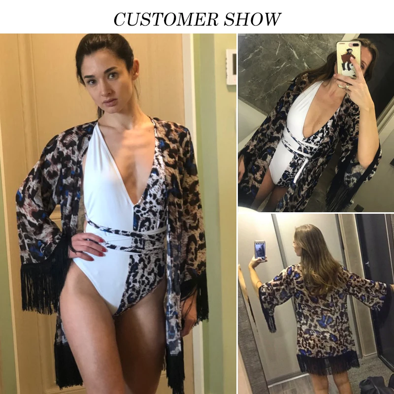 Kaufen Quaste Leopard chiffon strand abdeckung ups Tuniken für strand kaftan Bikini cover up robe de plage Sarong strand badeanzug abdeckung up 2019