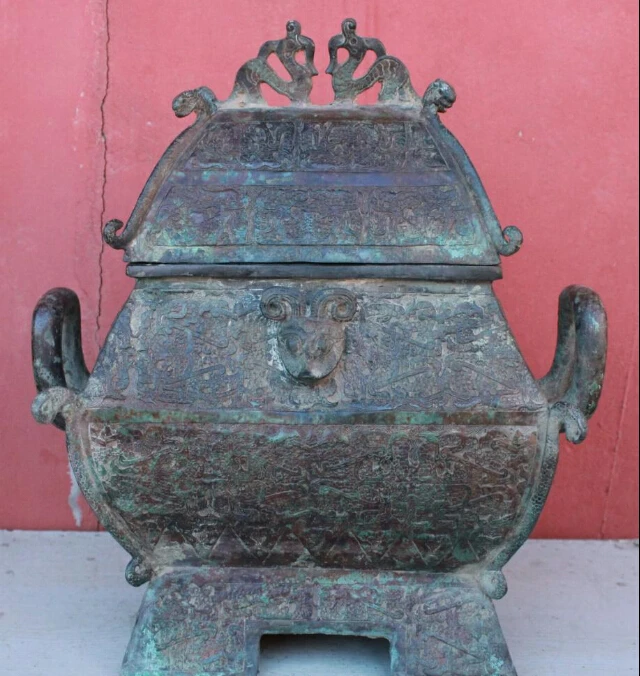 

005158 15" Old Tibet Bronze Dynasty Sheep Dragon Head Statue Box Incense Burner Censer