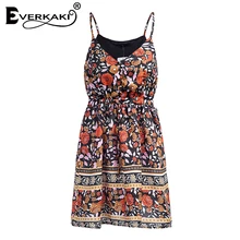 Everkaki Women Boho Floral Print Lace Up Button Dress Adjustable Waist V Neck Mini Dresses Sleeveless Bohemian Dress 2018 Summer