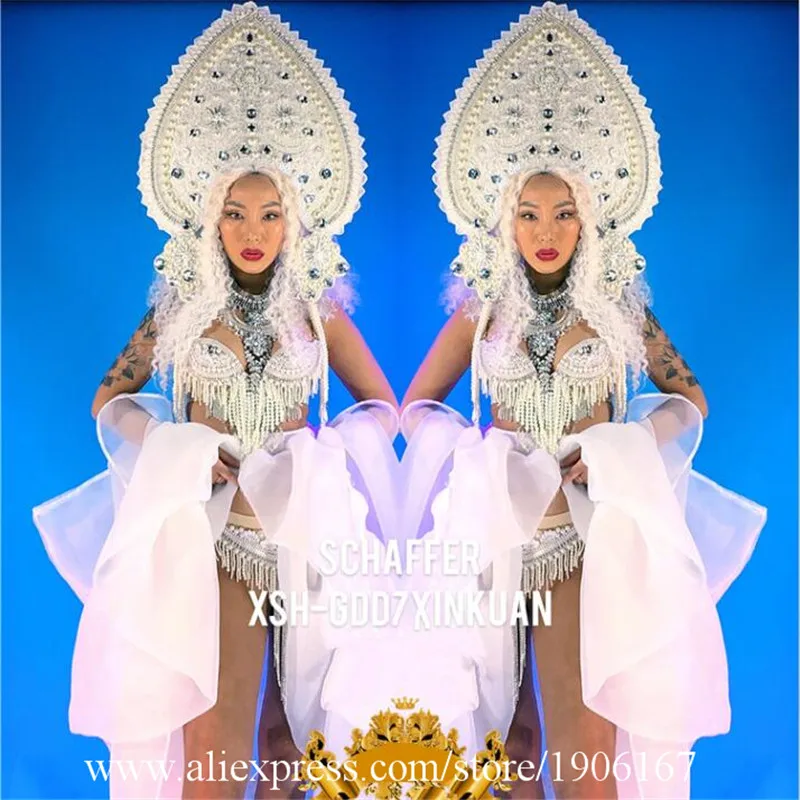 

Christmas Sexy Lady Party Evening Dress With Pearl Headdress Nightclub Catwalk Show Ballroom DS Valentine Performance Costumes