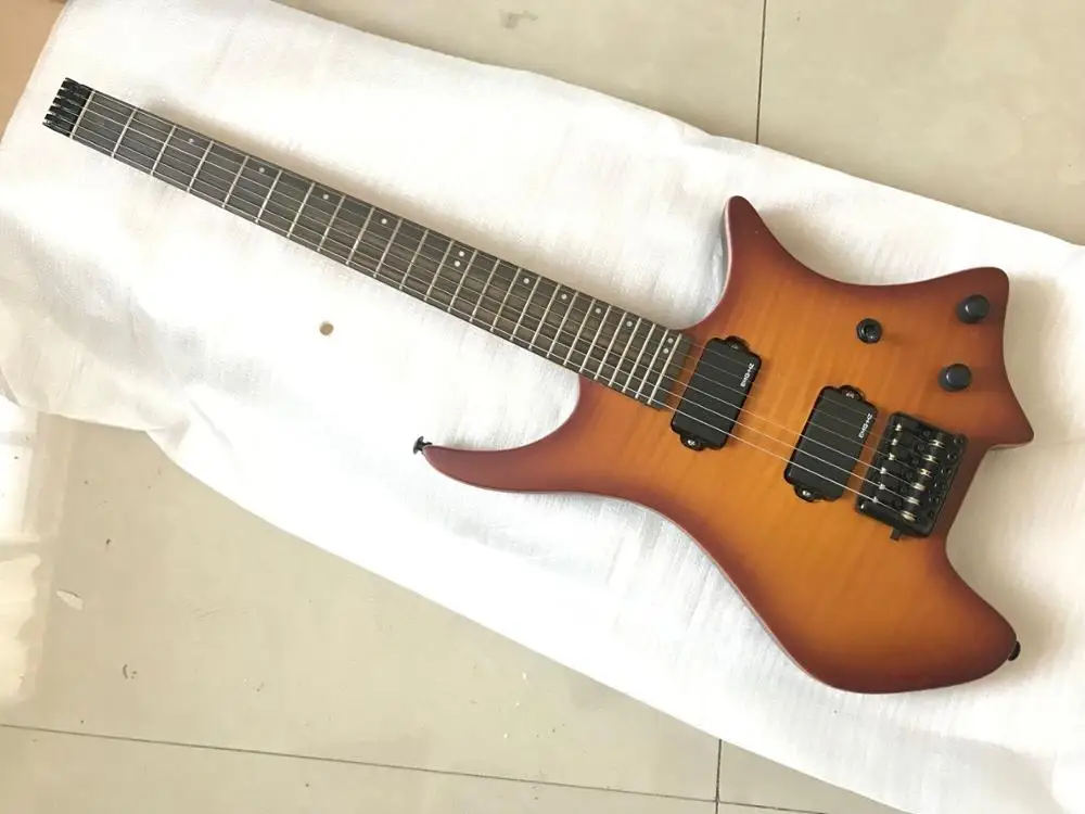 

free shipping EMG pickups vintage sunburst electric headless guitar travel Headless Electric Guitar with Flamed Maple