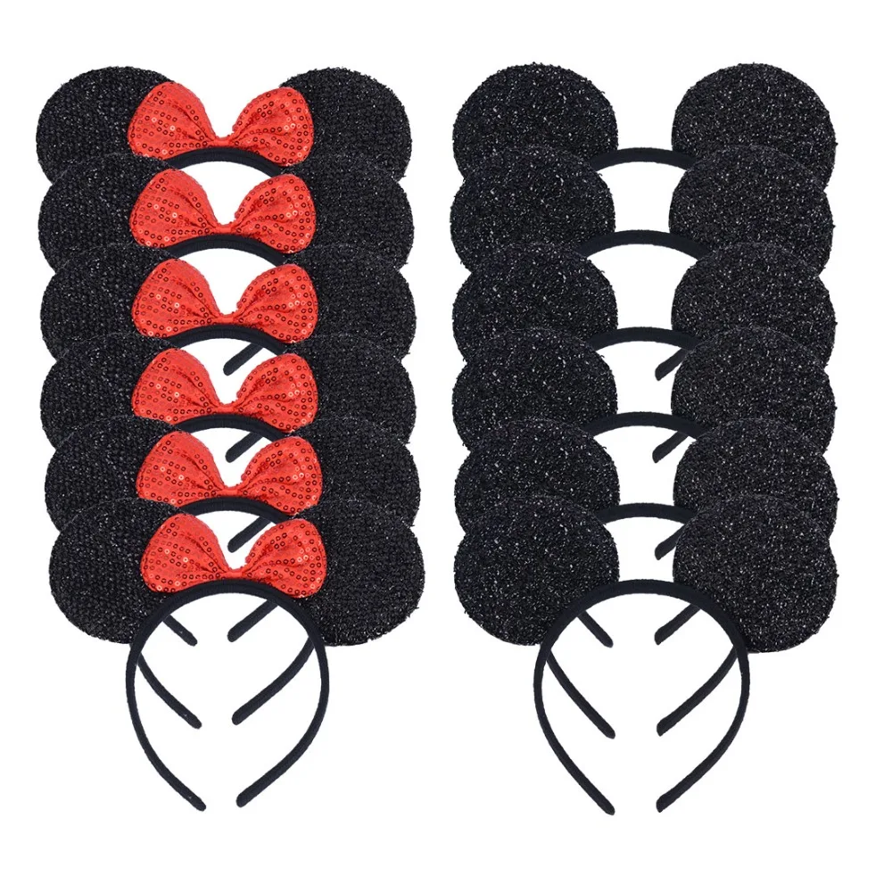 

12pcs Mickey Minnie Ears Sequin Headbands Birthday Party Favors Kids Girls Boys Hair Accessories (6Black Sequin 6 Sequin Red)