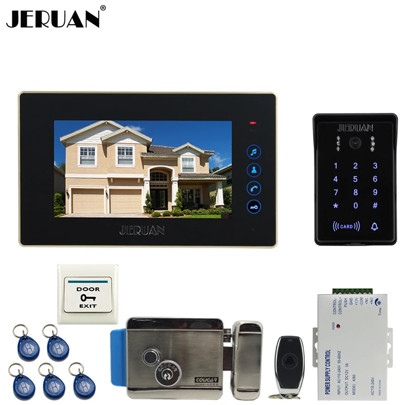 JERUAN Wired 7`` Touch key video doorphone intercom system kit waterproof touch key password keypad camera Electric control lock