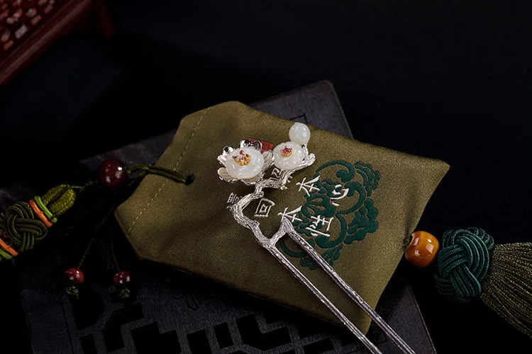 Натуральный нефритовый винтажный цветок сливы палочка для волос 925 пробы Серебряная заколка Персонализированная заколка для волос художественные аксессуары