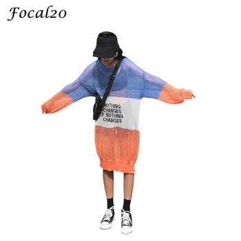

Focal20 Streetwear Letter Print Women Hollow Out Knitted T-shirt Summer See Through Casual Loose Sunscreen T Shirt Female Tee