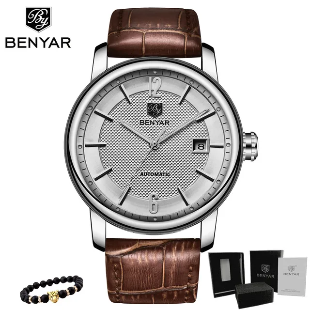 BENYAR 2020 New Fashion Top Luxury Brand Leather Watch Automatic Men Wristwatch Men Mechanical Steel Watches Relogio Masculino Leather-Silver white