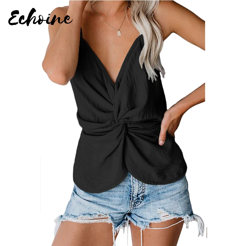 

Echoine Black/PinkTwist Tank Women Sexy Adjustable Spaghetti Straps Sleeveless V Neck Elastic Back Waist Plus Size S-2XL Camis