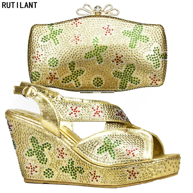 

New Arrival Gold Color African Wedding Shoes and Bag Set Decorated with Rhinestone African Shoes and Bag Set African Sets 2017