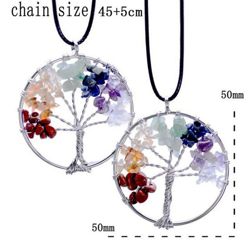 Women Rainbow 7 ChakraTree Of Life Quartz Chips Pendant Necklace Multicolor Wisdom Tree Natural Stone | Украшения и аксессуары