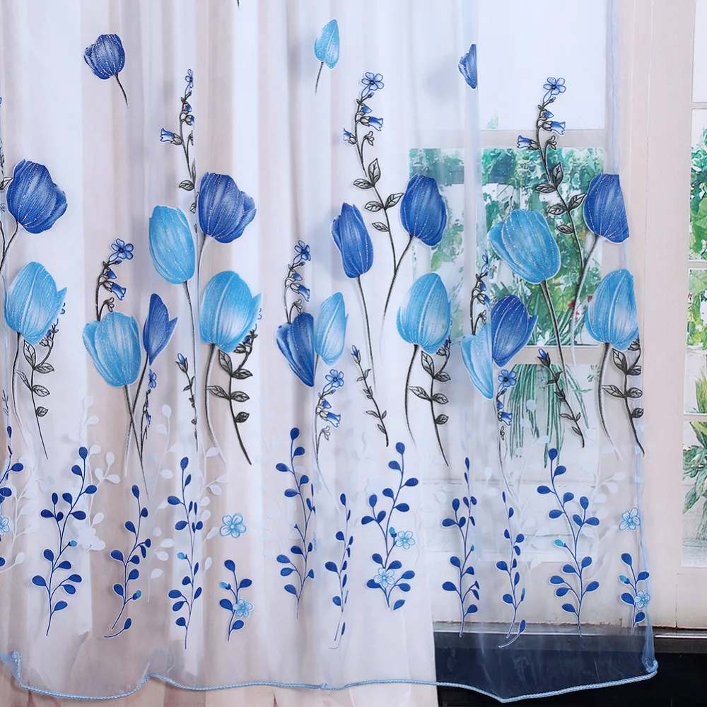 

w Colorful Tulips Printing Romantic Tulle Window Curtains Sheer Drape Balcony Window Decoration 100x200 cm