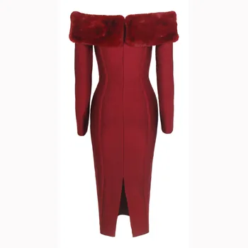 

2019 New Arrival Knee Length Bandage Dress Women Slash Neck Faux Fur Long Sleeve Split Celebrity Party Dress Vestidos