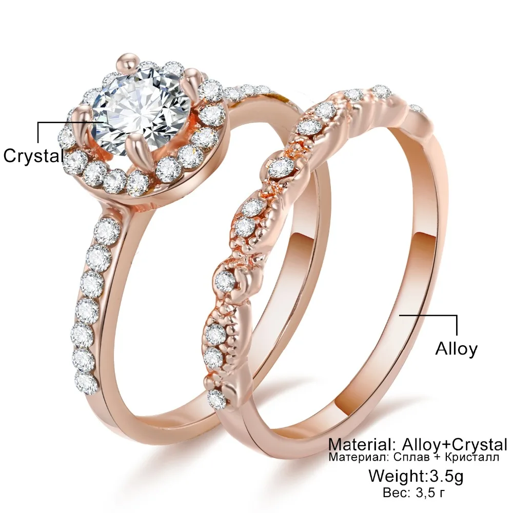 KISSWIFE 2 Pcs/Set Crystal Ring Jewelry Rose Gold Color Wedding Rings Women Girls Gift Engagement Wedding Ring Set 6/7/8/9#