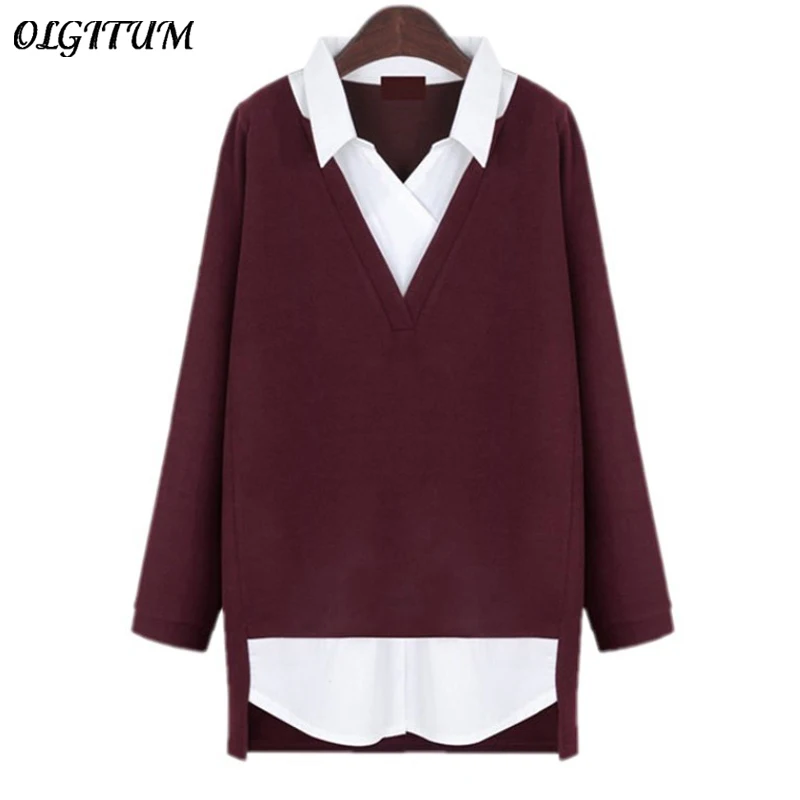 2018 New Women tops Fake two-piece shirt turn-down collar sweater slim fashion clothing women sweater plus size 5XL