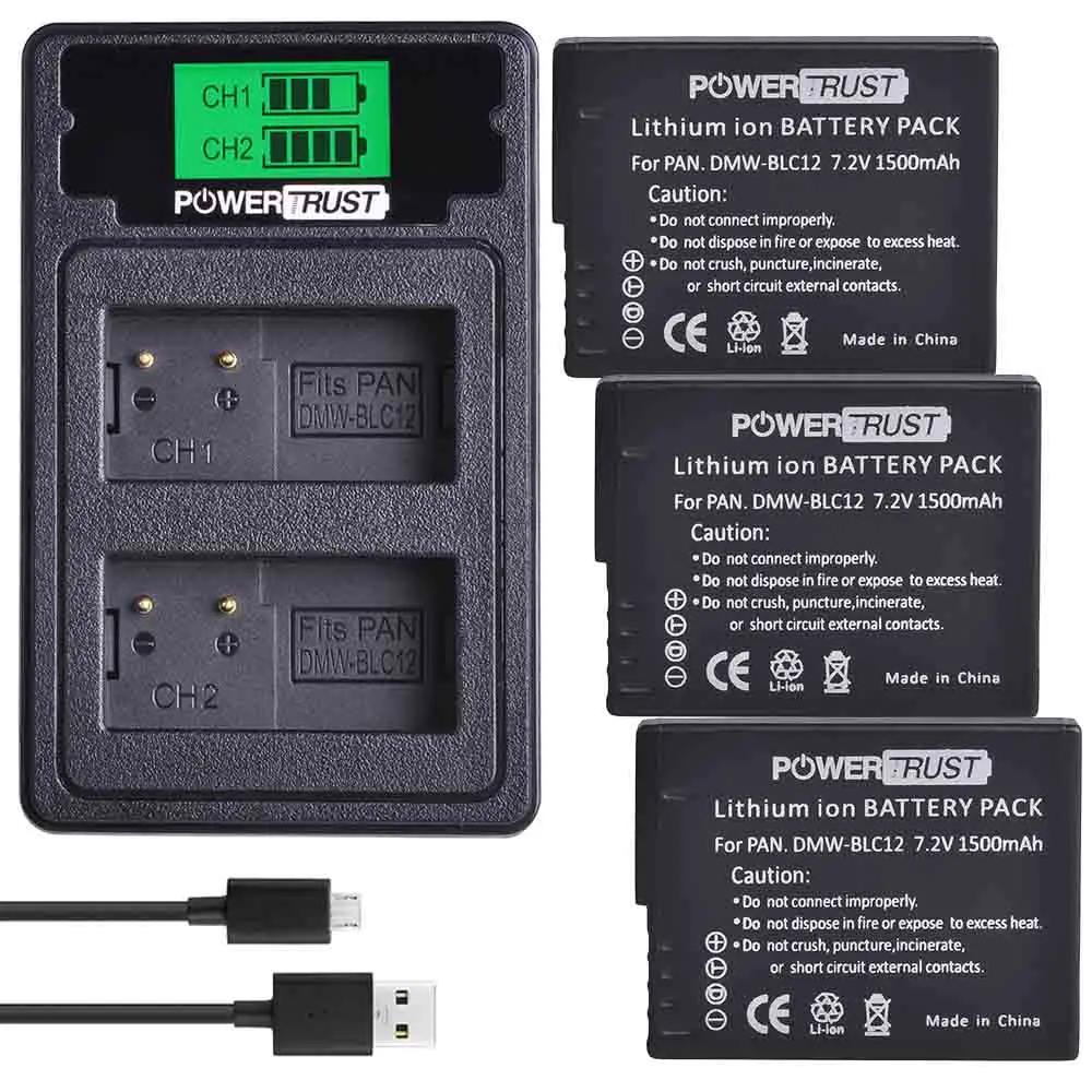 PowerTrust DMW-BLC12 DMW-BLC12E батарея+ ЖК USB двойной зарядное устройство для Panasonic Lumix DMC-FZ200, FZ300, FZ1000, FZ2500, G5, G6, G7, GX8 - Цвет: 3Pack