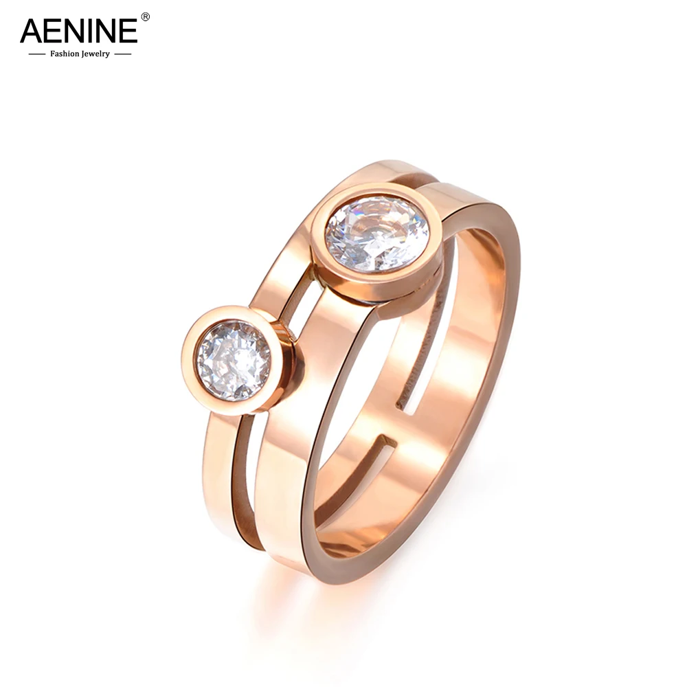 

AENINE Rose Gold Round Shape Double Cubic Zirconia Crystal Titanium Steel Engagement Wedding Rings For Women Bague Femme AR17061