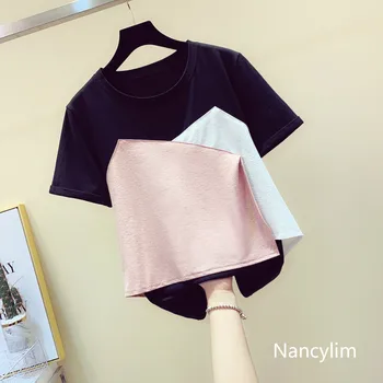 

Nancylim Tee Shirt Lady 2019 Summer New Korean Irregular Coloring Stitching Fake Twopiece Short Sleeve T-shirt Loose Casual Top