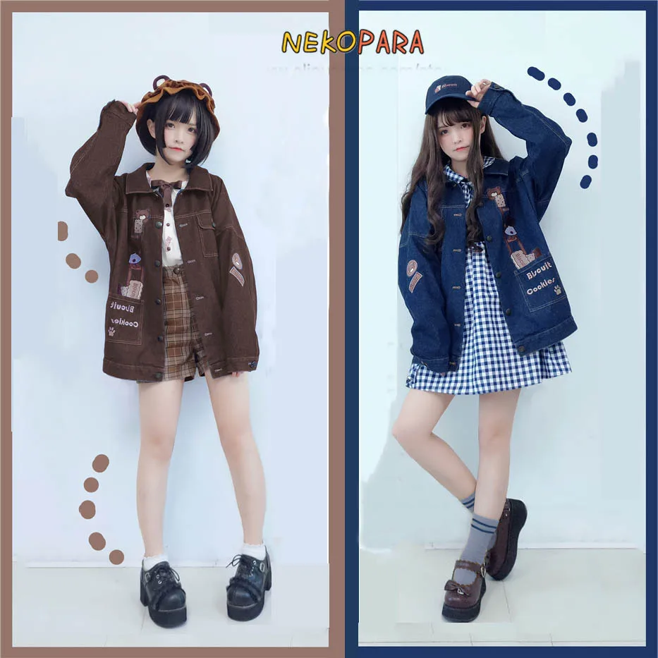 

Biscuit Bear Embroidery Cute Women's Jeans Jacket Fall Outwear with Pockets Open Back Ribbon Tie 2018 Autumn Fashion 2 Colors