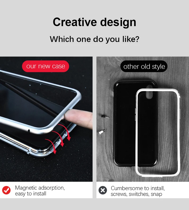 Magneto magnet metal bumper for iphone 7 8 X case luxury aluminum frame+9H tempered glass cover for iphone 7 8 plus 7plus coque (2)