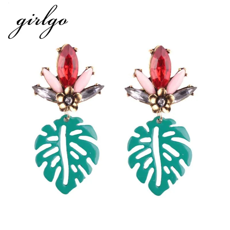 

Girlgo Boho Hot Sale Fashion Jewelry Wholesale Vintage Colorful Small Leaf Pendant Drop Dangle Statement Earrings For Women Gift