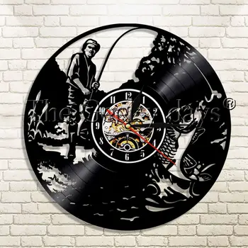 

1Piece Fishing Sign Fish Rod Fish Hook Vinyl Record Wall Clock Modern Design Home Decor Wall Watch Art For Fishermen Gift